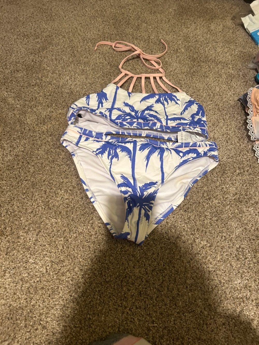 Hobie White One-Piece with Blue Palm Print and Pink Straps